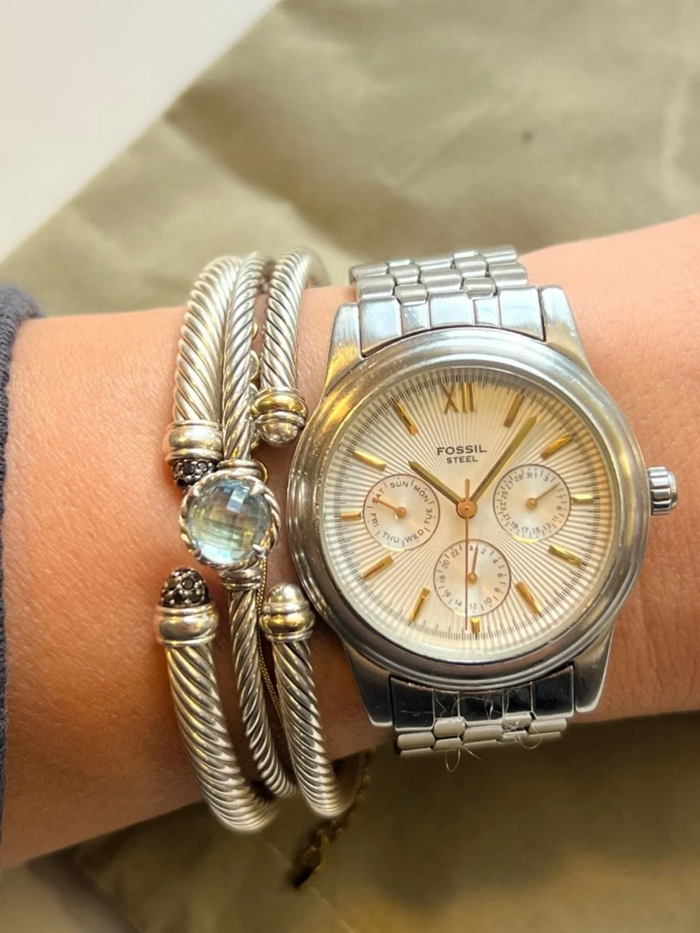 Fossil Stainless Steel Multifunction Watch Silver Gold Dial Classic